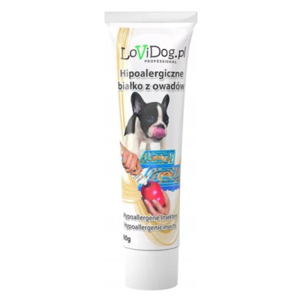 LoviDog pasztet dla psa z białkiem owadów 90 g / Przysmak dla psa – zbliżenie produktu LoviDog pasztet dla psa z białkiem owadów 90 g / Przysmak dla psa – zbliżenie na białym tle