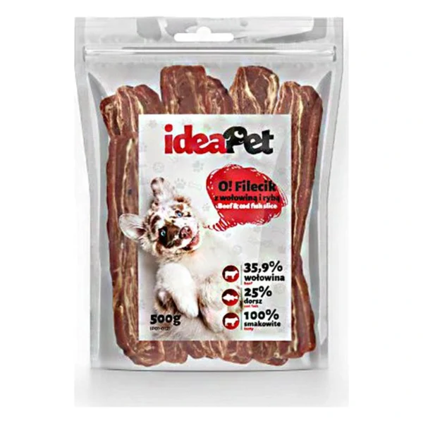 IDEAPET FILECIK Z WOŁOWINĄ I RYBĄ 500G / Przysmak dla psa – zbliżenie produktu IDEAPET FILECIK Z WOŁOWINĄ I RYBĄ 500G / Przysmak dla psa – zbliżenie na białym tle