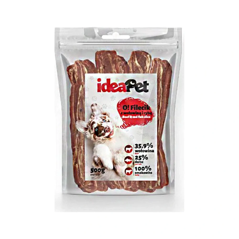 IDEAPET FILECIK Z WOŁOWINĄ I RYBĄ 500G / Przysmak dla psa – zdjęcie produktowe IDEAPET FILECIK Z WOŁOWINĄ I RYBĄ 500G / Przysmak dla psa – zdjęcie na białym tle