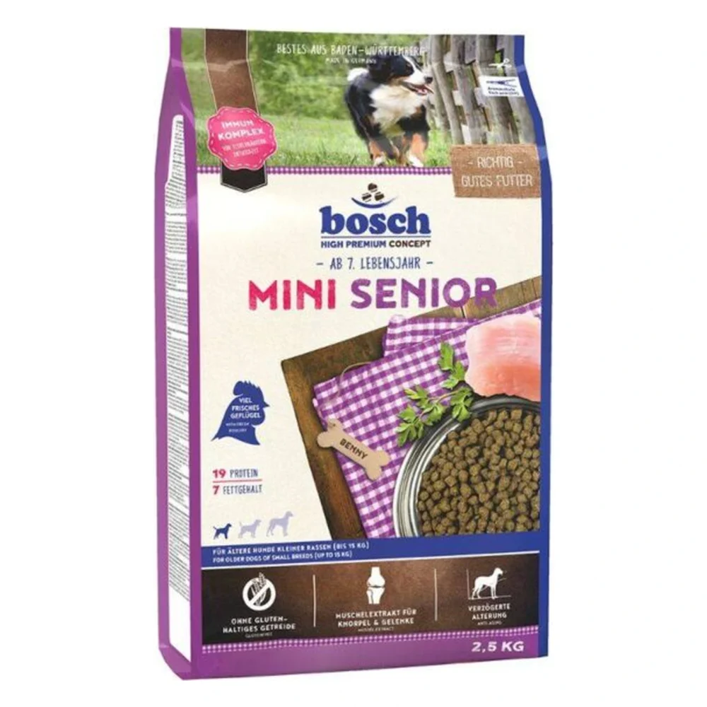 BOSCH MINI SENIOR 2,5 kg – karma dla psa seniora małej rasy – zbliżenie produktu BOSCH MINI SENIOR 2,5 kg – karma dla psa seniora małej rasy – zbliżenie na białym tle