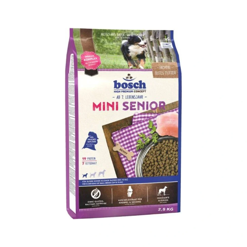 BOSCH MINI SENIOR 2,5 kg – karma dla psa seniora małej rasy – zdjęcie produktowe BOSCH MINI SENIOR 2,5 kg – karma dla psa seniora małej rasy – zdjęcie na białym tle