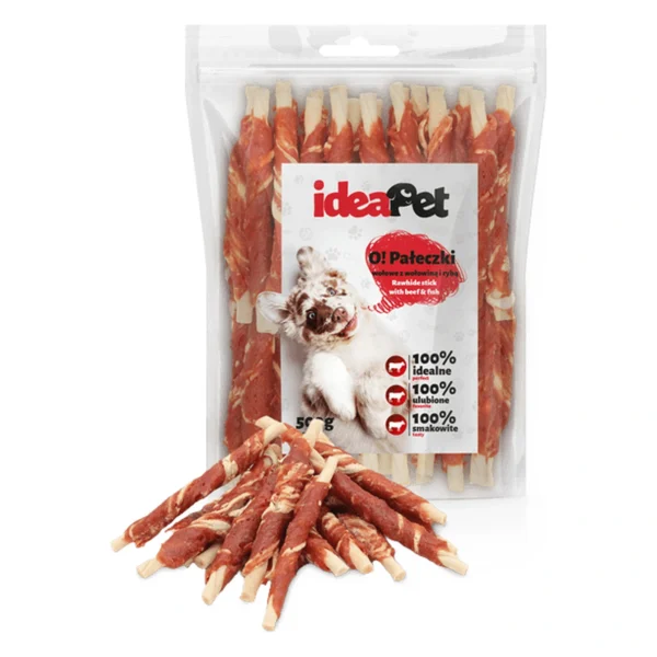 ideaPet Pałeczki wołowe z wołowiną i rybą 500g / Przysmak dla psa – zbliżenie produktu ideaPet Pałeczki wołowe z wołowiną i rybą 500g / Przysmak dla psa – zbliżenie na białym tle