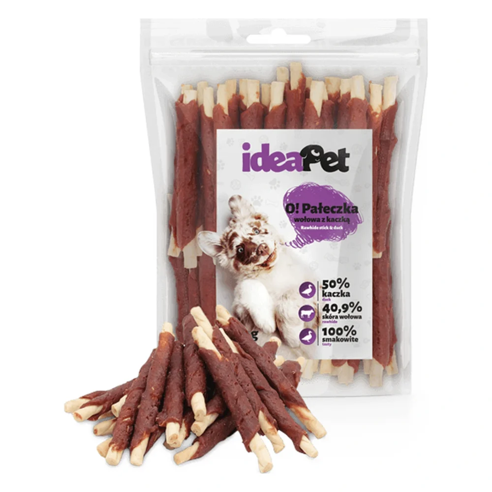 ideaPet Pałeczka wołowa z kaczką 500g / Przysmak dla psa – zbliżenie produktu ideaPet Pałeczka wołowa z kaczką 500g / Przysmak dla psa – zbliżenie na białym tle