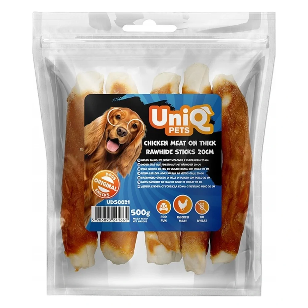 UNIQ PETS gruby paluch ze skóry wołowej z kurczakiem 500g / Przysmak – zbliżenie na białym tle