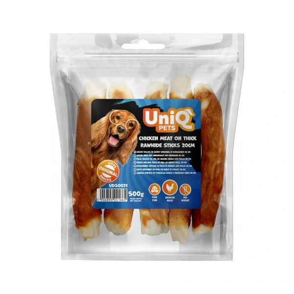 UNIQ PETS gruby paluch ze skóry wołowej z kurczakiem 500g / Przysmak – zdjęcie na białym tle