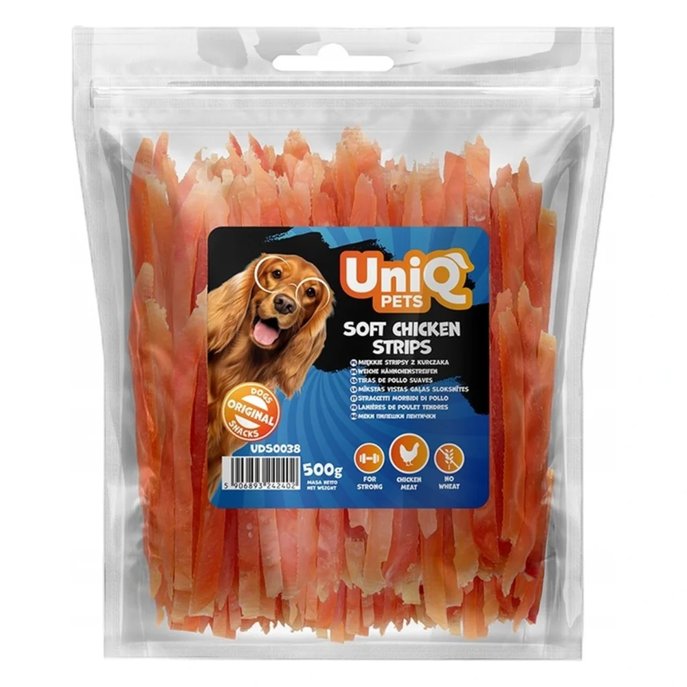 UNIQ PETS Przysmak dla psa miękkie stripsy z kurczaka 500g – zbliżenie na białym tle
