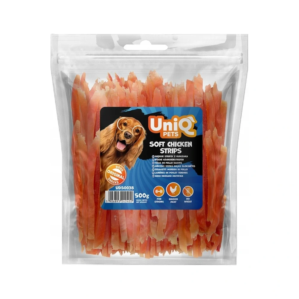 UNIQ PETS Przysmak dla psa miękkie stripsy z kurczaka 500g – zdjęcie na białym tle
