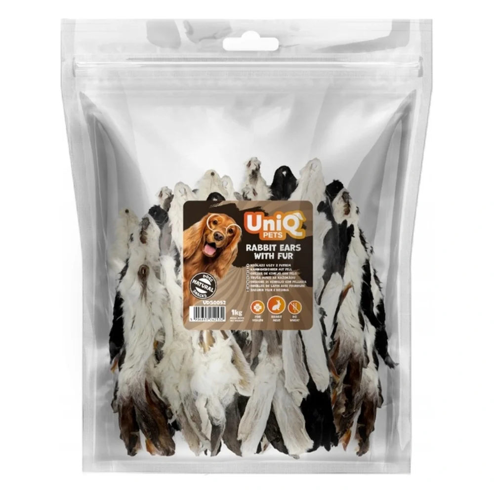 UNIQ PETS Przysmak dla psa z królika - uszy królicze z futrem 1000g – zbliżenie produktu UNIQ PETS Przysmak dla psa z królika - uszy królicze z futrem 1000g – zbliżenie na białym tle