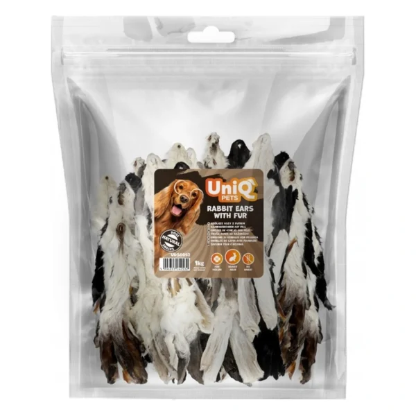 UNIQ PETS Przysmak dla psa z królika - uszy królicze z futrem 1000g – zbliżenie produktu UNIQ PETS Przysmak dla psa z królika - uszy królicze z futrem 1000g – zbliżenie na białym tle