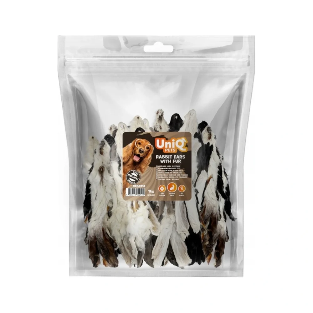UNIQ PETS Przysmak dla psa z królika - uszy królicze z futrem 1000g – zdjęcie produktowe UNIQ PETS Przysmak dla psa z królika - uszy królicze z futrem 1000g – zdjęcie na białym tle