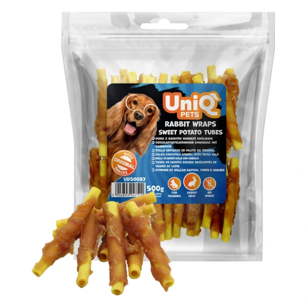 UNIQ PETS przysmaki dla psa 500g rurki z batatów owinięte królikiem – zbliżenie produktu UNIQ PETS przysmaki dla psa 500g rurki z batatów owinięte królikiem – zbliżenie na białym tle