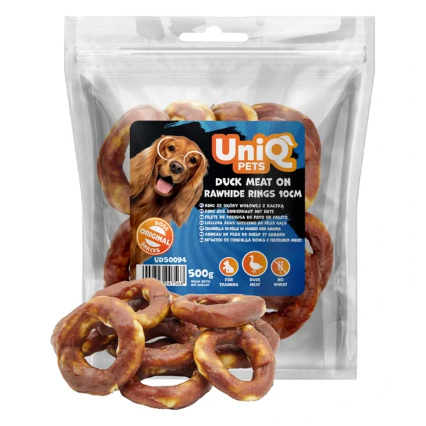 UNIQ PETS przysmaki dla psa 500g ring ze skóry wołowej z kaczką 10 cm – zbliżenie produktu UNIQ PETS przysmaki dla psa 500g ring ze skóry wołowej z kaczką 10 cm – zbliżenie na białym tle