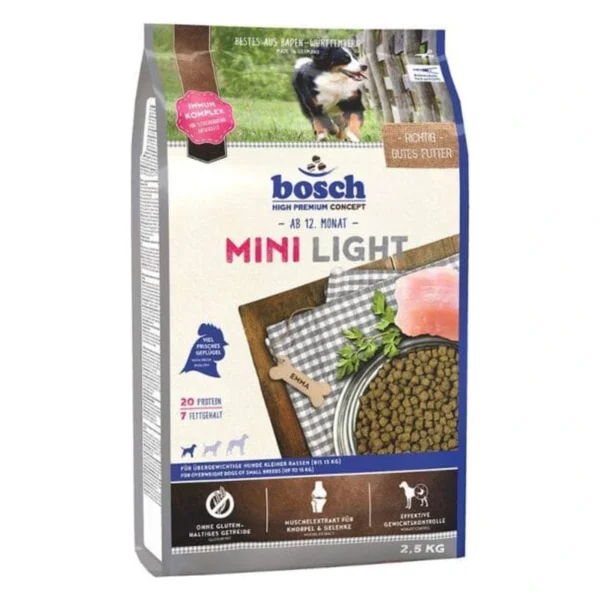 BOSCH MINI LIGHT 2,5 kg – karma odchudzająca dla małego psa – zbliżenie produktu BOSCH MINI LIGHT 2,5 kg – karma odchudzająca dla małego psa – zbliżenie na białym tle