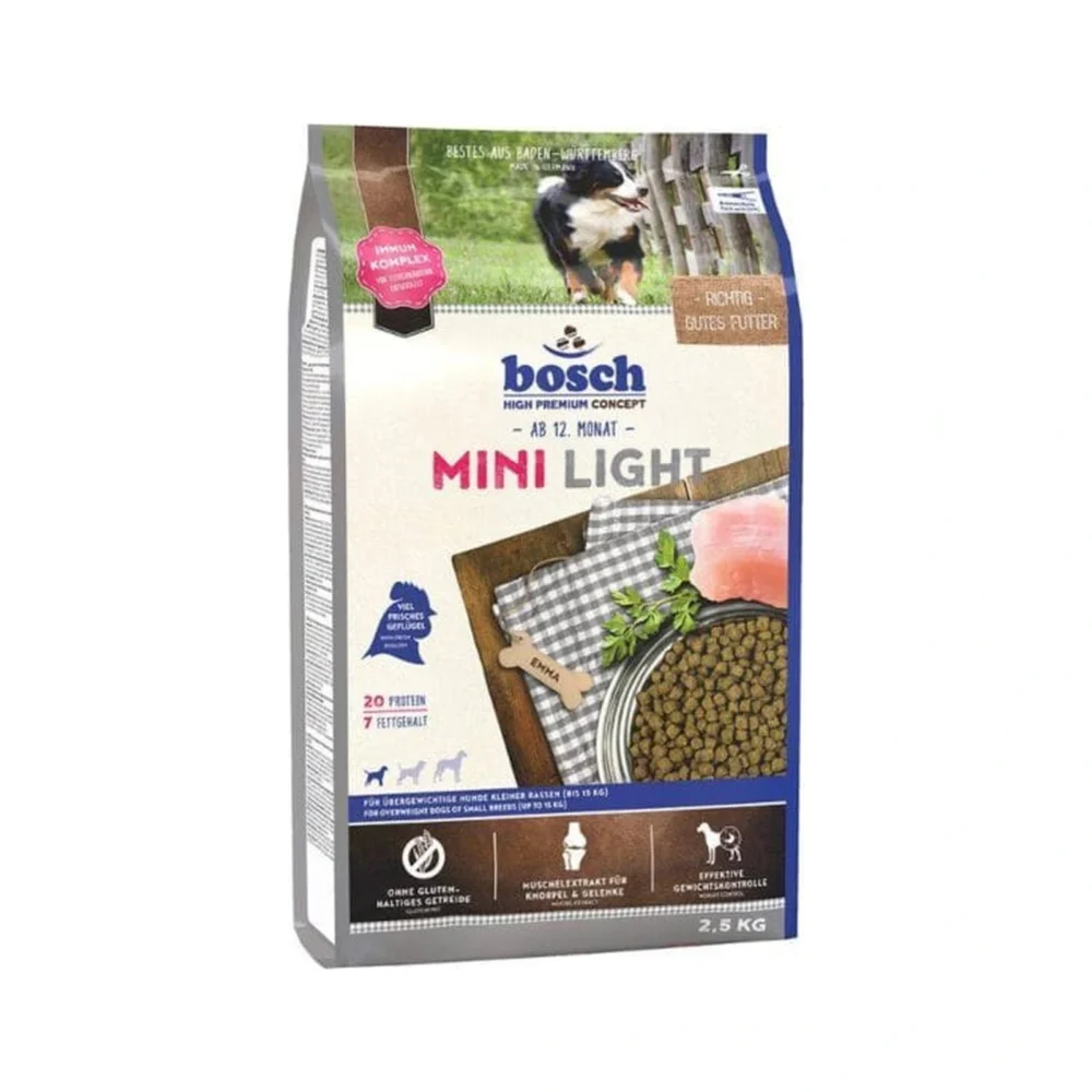 BOSCH MINI LIGHT 2,5 kg – karma odchudzająca dla małego psa – zdjęcie produktowe BOSCH MINI LIGHT 2,5 kg – karma odchudzająca dla małego psa – zdjęcie na białym tle