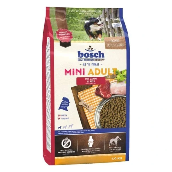 BOSCH MINI ADULT LAMB RICE 1 kg / karma dla małego psa z jagnięciną – zbliżenie produktu BOSCH MINI ADULT LAMB RICE 1 kg / karma dla małego psa z jagnięciną – zbliżenie na białym tle