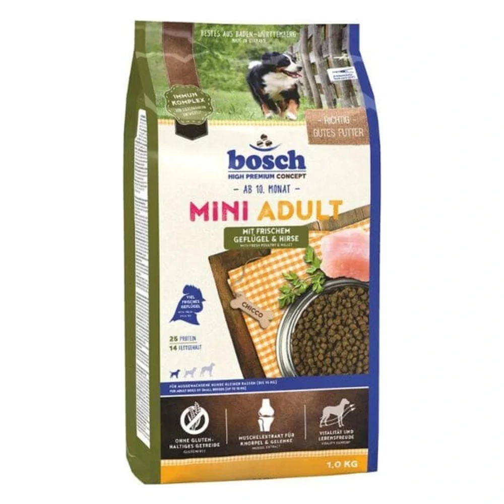 BOSCH Mini Adult drób i proso 1kg / Karma dla psa – zbliżenie produktu BOSCH Mini Adult drób i proso 1kg / Karma dla psa – zbliżenie na białym tle
