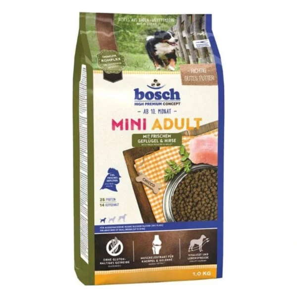 BOSCH Mini Adult drób i proso 1kg / Karma dla psa – zbliżenie produktu BOSCH Mini Adult drób i proso 1kg / Karma dla psa – zbliżenie na białym tle