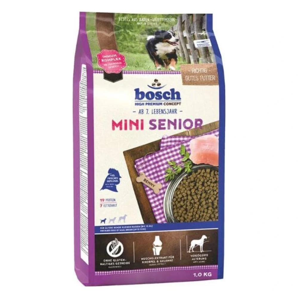 BOSCH MINI SENIOR 1 kg – karma dla psa seniora małej rasy – zbliżenie produktu BOSCH MINI SENIOR 1 kg – karma dla psa seniora małej rasy – zbliżenie na białym tle